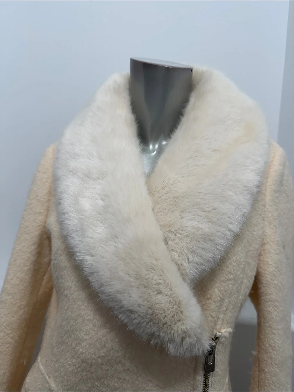 INC International Concepts S Ivory Wool Blend Faux Fur Collar Zip Coat